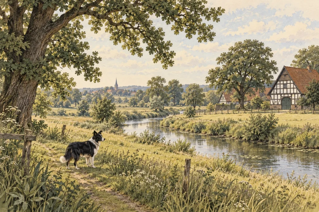 Illustration: Regionale Landschaft mit Spürhund – Kreis Gütersloh
