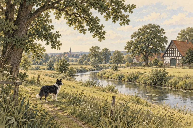 Illustration: Regionale Landschaft mit Spürhund – Kreis Gütersloh
