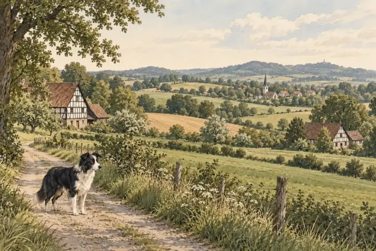 Illustration: Regionale Landschaft mit Spürhund – Kreis Herford