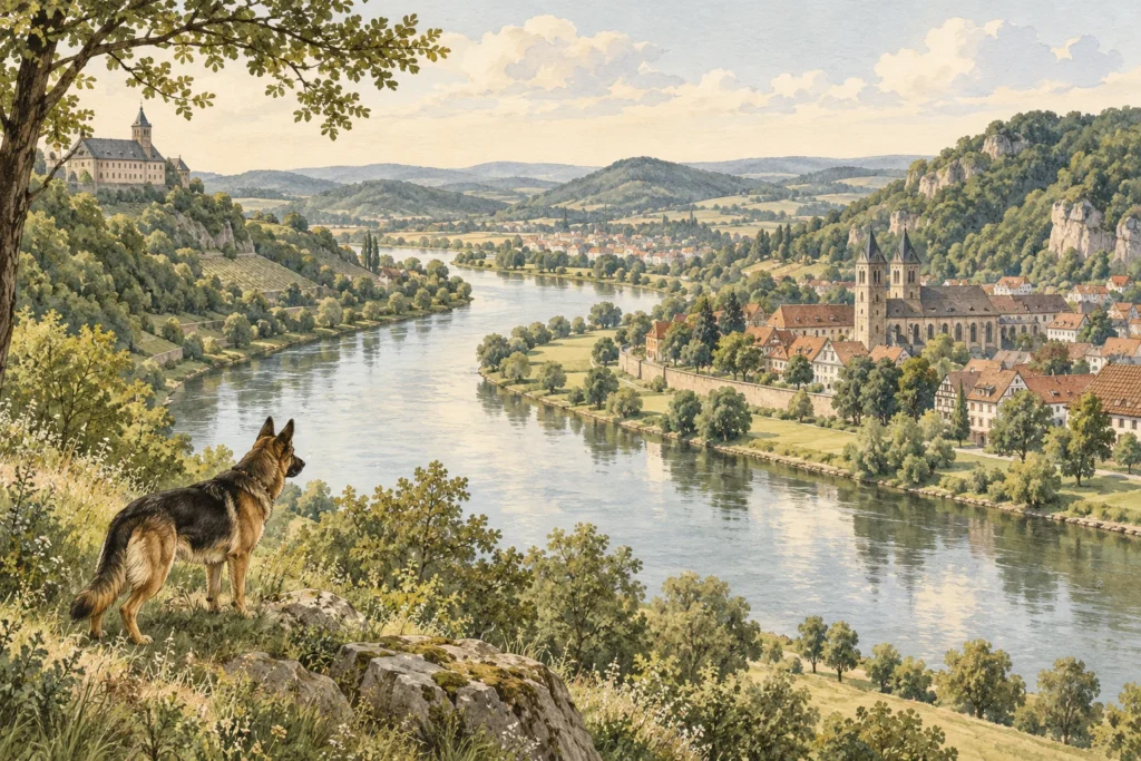 Illustration: Regionale Landschaft mit Spürhund – Kreis Höxter