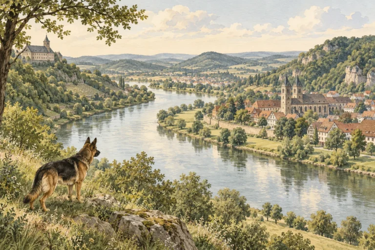 Illustration: Regionale Landschaft mit Spürhund – Kreis Höxter