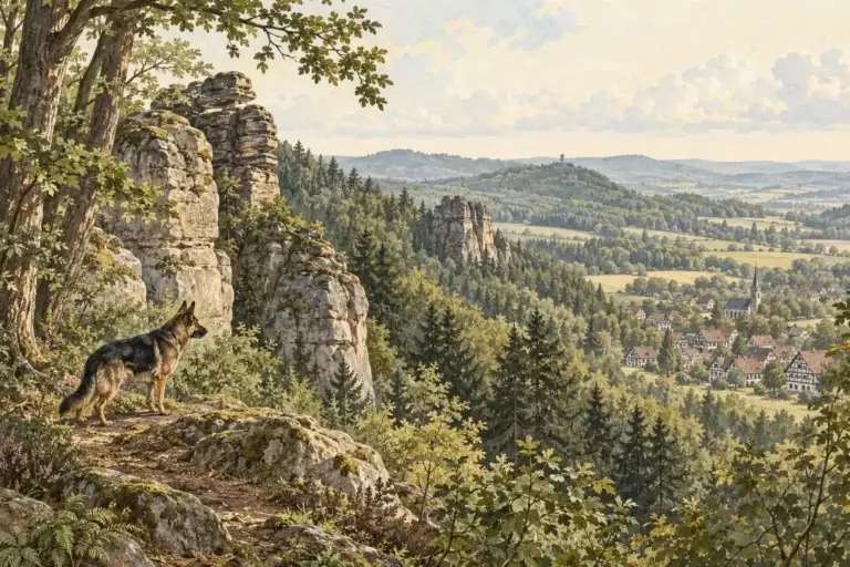 Illustration: Regionale Landschaft mit Spürhund – Kreis Lippe