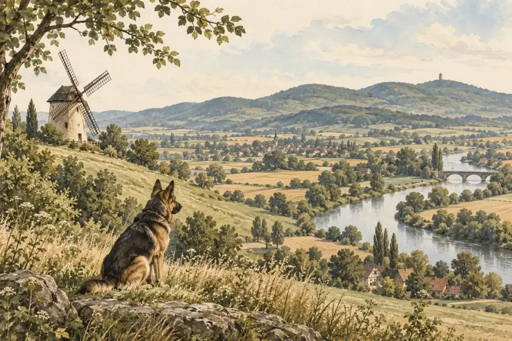 Illustration: Windmühle, Flusslandschaft und Spürhund – Kreis Minden-Lübbecke