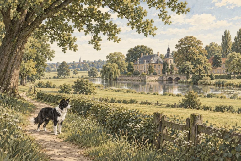 Illustration: Regionale Landschaft mit Spürhund – Kreis Steinfurt