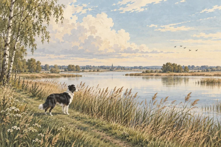 Illustration: Regionale Landschaft mit Spürhund – Landkreis Diepholz