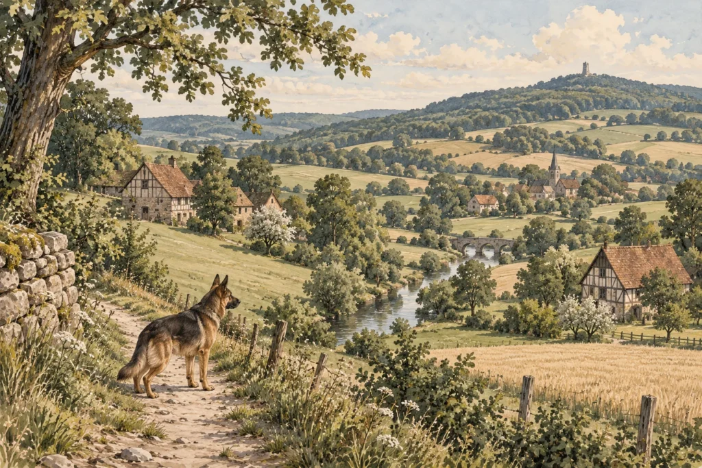 Illustration: Regionale Landschaft mit Spürhund – Landkreis Osnabrück