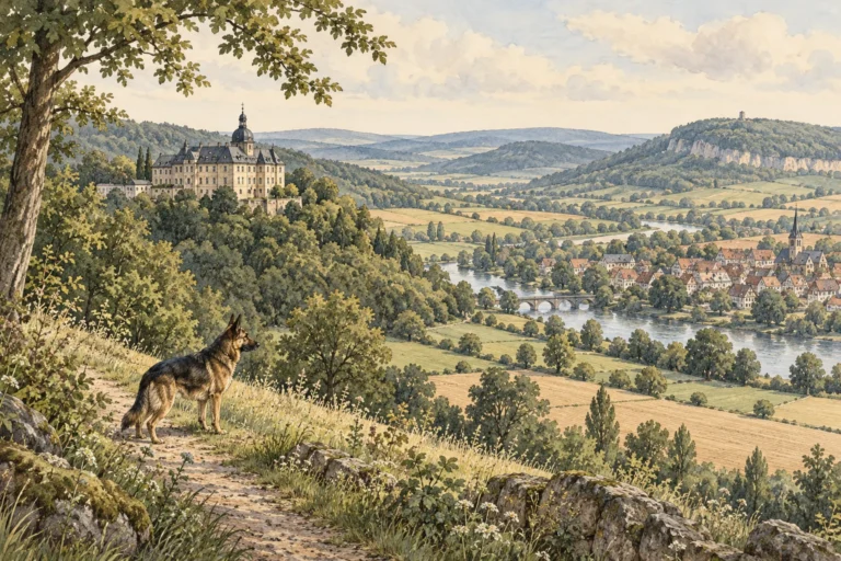 Illustration: Regionale Landschaft mit Spürhund – Landkreis Schaumburg